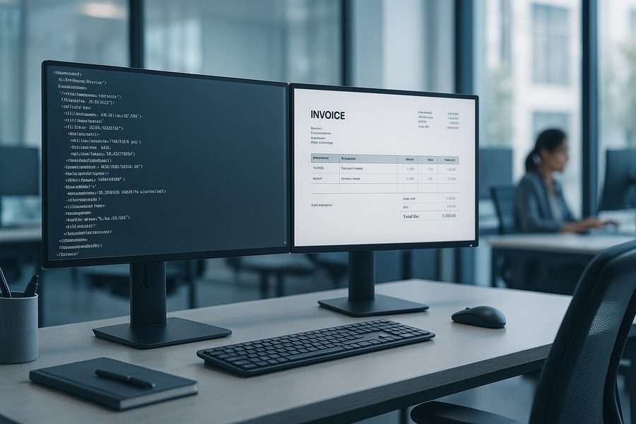 Moderne Finanzabteilung mit strukturierten elektronischen Rechnungen auf mehreren Bildschirmen, professioneller Arbeitsplatz mit XML-Daten und PDF-Ansicht in hellem Büro