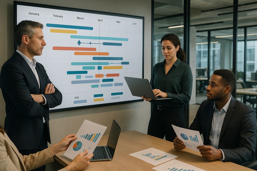Professionelles Team aus CFO, IT-Leitung und Fachabteilungen arbeitet gemeinsam an Roadmap-Visualisierung auf großem interaktivem Display in modernem Besprechungsraum mit Tageslicht, Glas-Trennwänden und offener Büroarchitektur