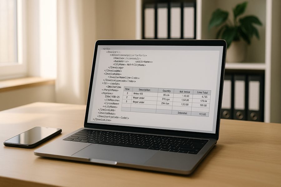 Moderner Arbeitsplatz mit aufgeklapptem Laptop zeigt strukturierte XML-Rechnungsdokumente auf dem Bildschirm, daneben Smartphone, im Hintergrund Regal mit Ordnern und Zimmerpflanze, natürliches Tageslicht durch großes Fenster, professionelle Büroatmosphäre, fotorealistisch, warme Farben, Fokus auf digitale Infrastruktur