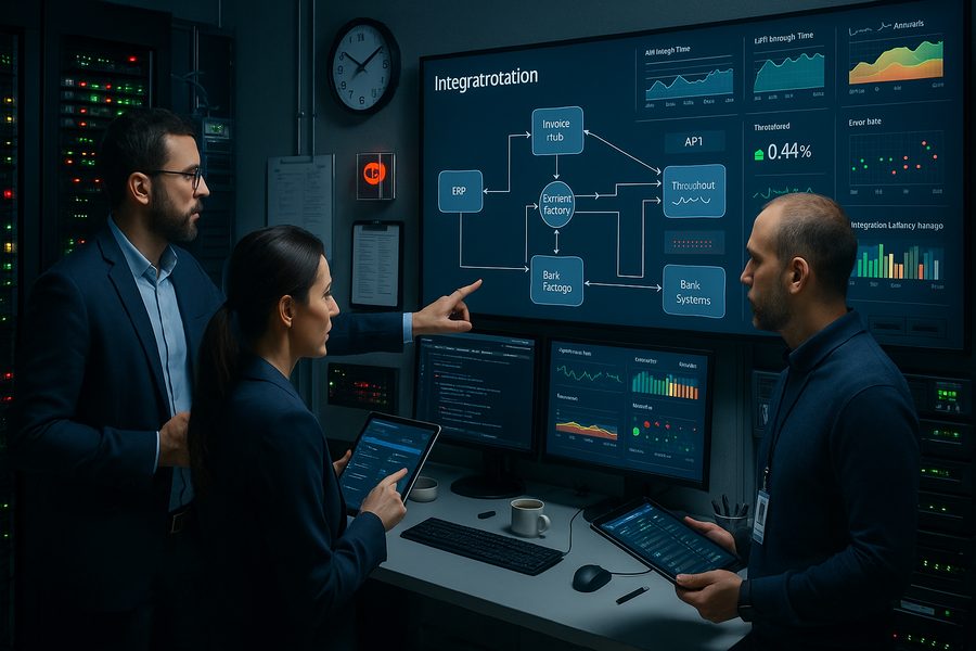 IT-Architekten und Digital Leaders vor großem Monitoring-Dashboard in modernem Serverraum, Integrations-Landkarte mit vernetzten ERP- und Payment-Systemen, Echtzeit-KPIs zu API-Response-Times und Throughput auf mehreren Bildschirmen, Personen zeigen auf Metriken und halten Tablets mit Deployment-Pipelines, im Hintergrund Serverracks mit blinkenden Status-LEDs, Whiteboard mit Architektur-Diagramm und Schnittstellenübersicht, strukturierte Kabelführung in Cable-Management-Systemen, Netzwerk-Switches mit verbundenen Ports, Firewall-Appliance mit Statusanzeigen, Backup-Storage-Einheiten, Klimaanlage mit Temperatur-Display, Zutrittskontroll-Terminal mit Badge-Reader, technische Dokumentation auf Clipboard, professionelle Deckenbeleuchtung und leuchtende Bildschirme erzeugen fokussierte Arbeitsatmosphäre, sachliche und lösungsorientierte Stimmung vermittelt Kontrolle über komplexe IT-Transformationen, Querformat, Landscape, 1200x600