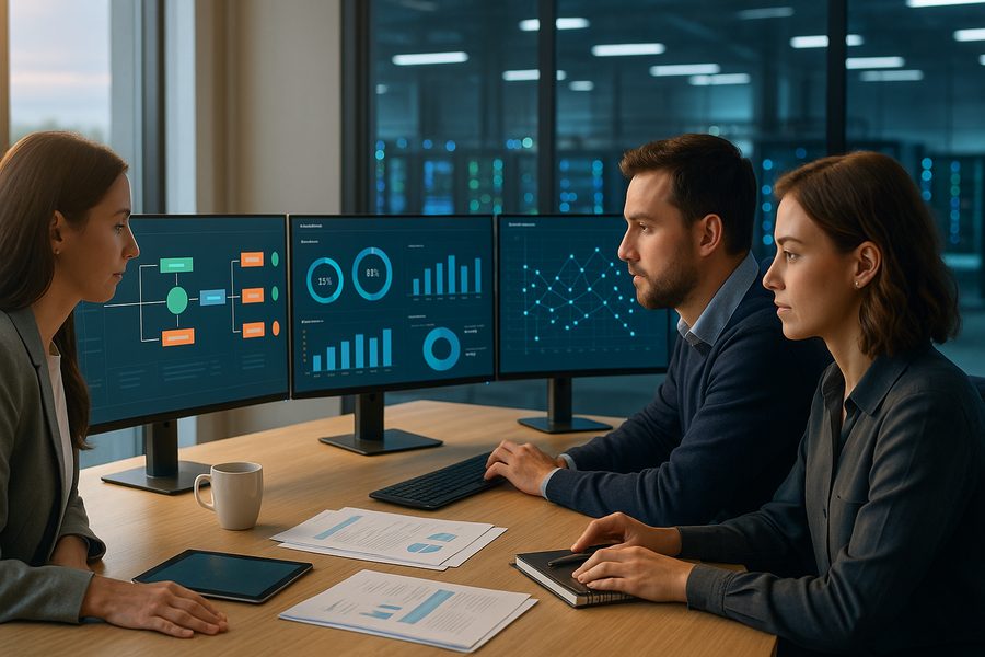 Moderne Büroumgebung mit dreiköpfigem Finanzteam vor großen Monitoren, visualisierte Datenströme und Sicherheitsindikatoren auf Bildschirmen, sicheres Rechenzentrum durch Glaswand im Hintergrund, warmes Tageslicht durch Panoramafenster, professionelle Atmosphäre