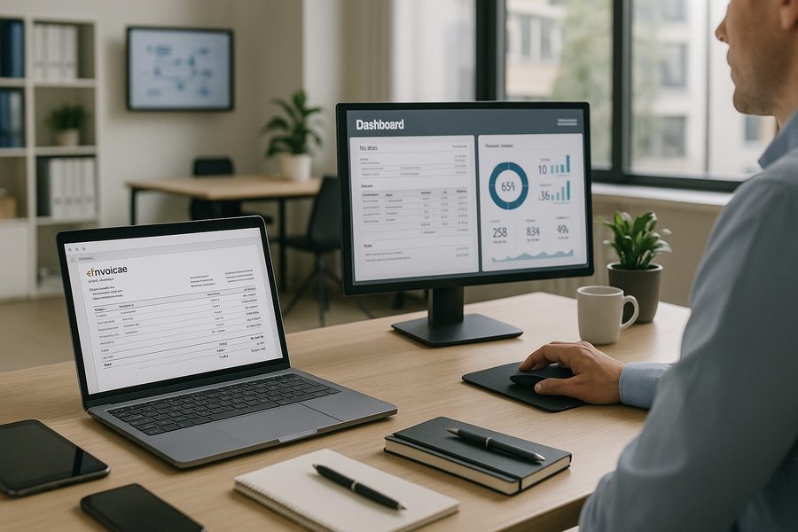 Mitarbeiter arbeitet am Schreibtisch mit Laptop-Rechnung und Monitor-Dashboard mit Kennzahlen, daneben liegen Notizbuch, Stifte und Smartphone.