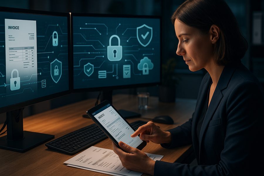 Moderner Büroarbeitsplatz mit Monitor für sichere elektronische Rechnungsdaten, Verschlüsselung und Datenschutzkontrollmechanismen, Finance-Entscheider prüft vertrauliche Rechnungsprozesse mit Authentifizierung und Sicherheitszertifikaten
