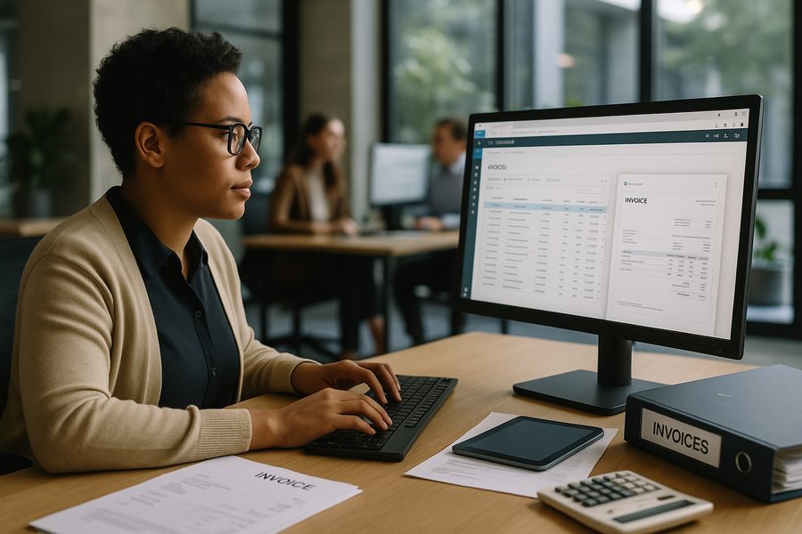 Geschäftsfrau arbeitet konzentriert an Business Central ERP-System zur Verwaltung digitaler Rechnungen und elektronischer Belegsendeprozesse im modernen Büro