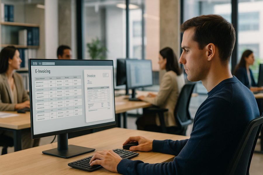 Professionelle Büroumgebung einer öffentlichen Verwaltung mit Mitarbeiter am Bildschirm, auf dem strukturierte Datenfelder einer elektronischen XRechnung sichtbar sind, moderne digitale Verwaltungsarbeit, helle freundliche Atmosphäre, fotorealistisch mit natürlicher Beleuchtung und klarer Komposition