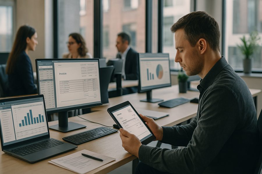 Moderne Büroumgebung mit Finanzverantwortlichen, die strukturierte elektronische Rechnungen auf digitalen Bildschirmen prüfen, fotorealistische Darstellung mit professioneller Atmosphäre und natürlicher Beleuchtung