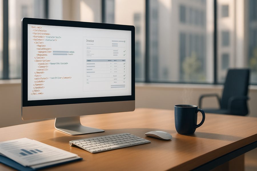 Moderne Büroumgebung mit Desktop-Computer, strukturierte digitale Rechnungsdokumente auf dem Bildschirm, realistische Arbeitsatmosphäre, helles Tageslicht