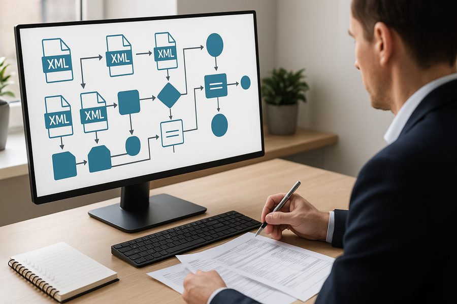 Strukturierte Übersicht eines digitalen Rechnungsprozesses mit mehreren Workflow-Schritten und XML-Dateien auf modernem Schreibtisch in hellem Büro
