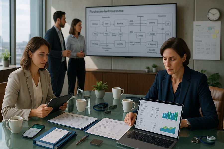 Zwei Mitarbeitende prüfen im Besprechungsraum Reports und ein Laptop-Dashboard mit Kennzahlen, im Hintergrund ist ein Purchase-to-Pay-Prozessdiagramm auf dem Bildschirm zu sehen.