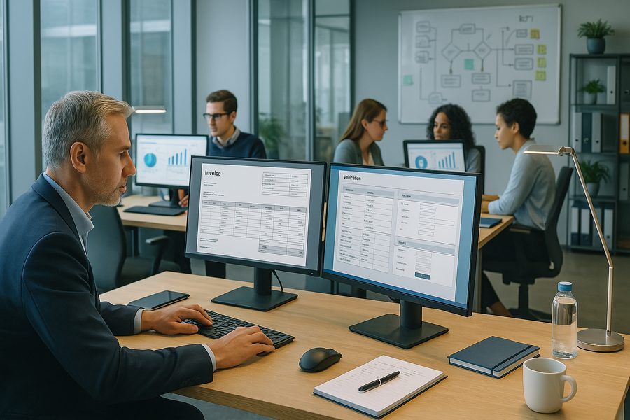 Moderne Finanzabteilung mit mehreren Mitarbeitern an großen Monitoren, strukturierte Rechnungsdaten und Prozessdiagramme auf Bildschirmen, helle Büroumgebung mit Glaswänden und natürlichem Tageslicht, Schreibtische mit Laptops Tablets Notizblöcken Stiften und Kaffeetassen, im Hintergrund Whiteboard mit KPI-Übersichten und Flussdiagrammen, konzentrierte professionelle Arbeitsatmosphäre