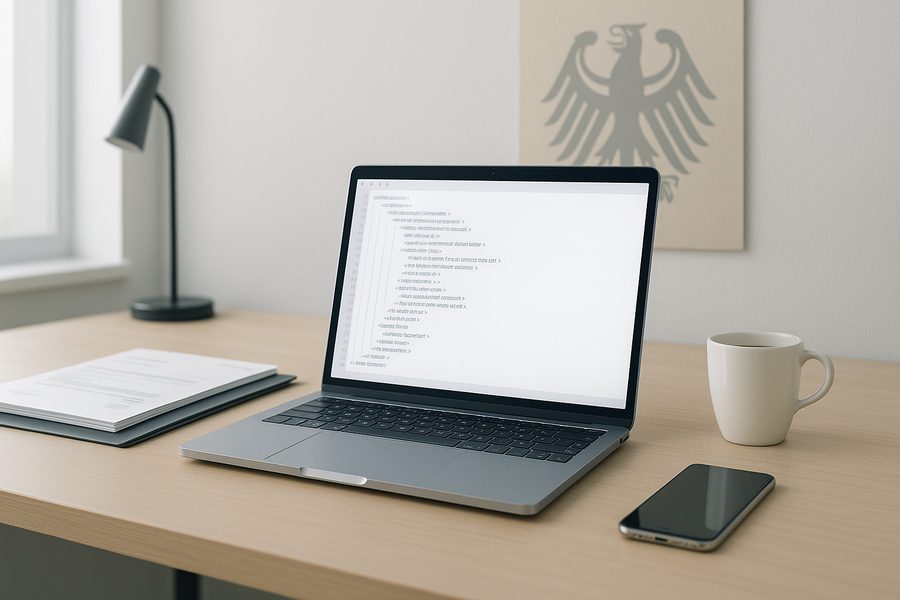 Moderner Arbeitsplatz mit Laptop und strukturiertem XML-Dokument auf dem Bildschirm, Bundesadler im Hintergrund, helles Tageslicht durch Fenster, professionelle Büroumgebung