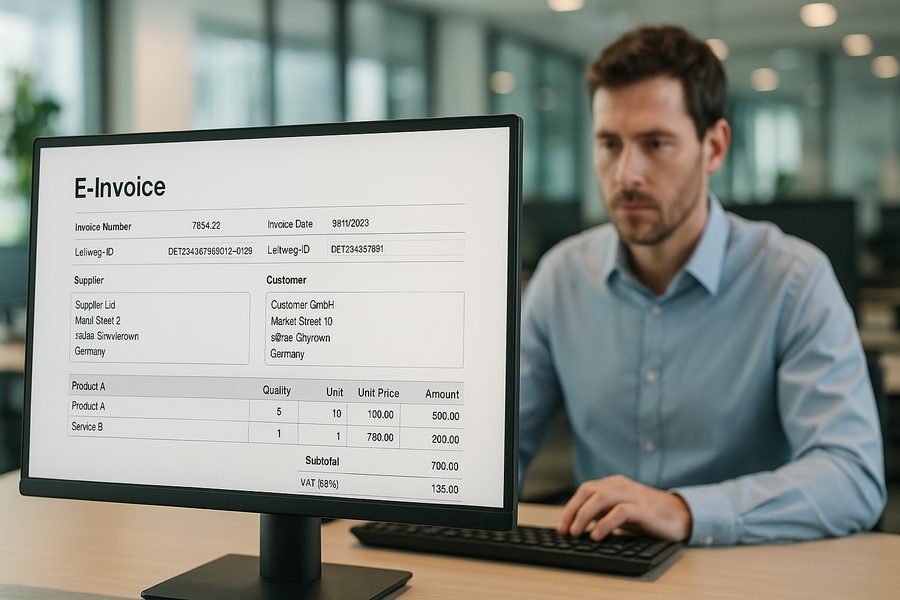 Nahaufnahme digitaler Rechnungsbearbeitung am Arbeitsplatz, Hände an Tastatur, Bildschirm zeigt Validierung einer Leitweg-ID in strukturiertem Datenfeld, moderne Büroumgebung mit ruhiger professioneller Atmosphäre, fotorealistisch mit natürlicher Beleuchtung ohne ablenkende Elemente