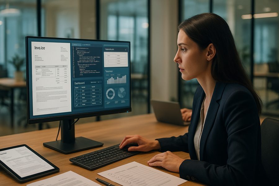 Moderne Büroumgebung mit Finanzfachleuten an Computermonitoren, die elektronische Rechnungsdokumente und XML-Strukturen verarbeiten, symbolisierend digitale Transformation von klassischen zu elektronischen Rechnungsprozessen