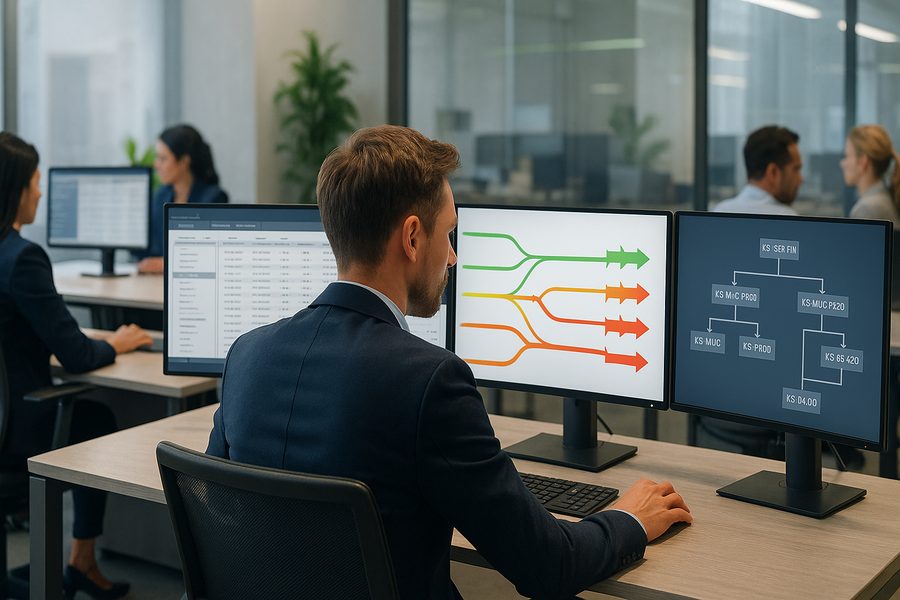 CFO und Finance-Team analysieren E-Rechnungs-Prozesse mit TCO-Modellen, ROI-Diagrammen und Automatisierungsszenarien auf mehreren Bildschirmen in modernem Büroumfeld.