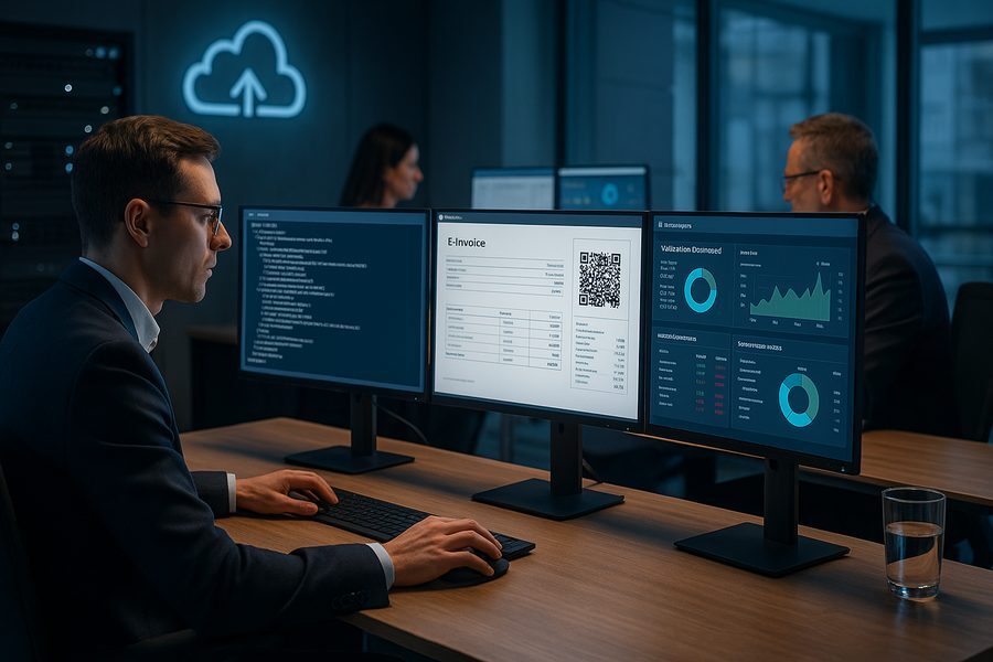 Moderne Geschäftsumgebung mit Fachleuten, die elektronische Rechnungsprozesse auf Tablets und Mehrfach-Displays analysieren, QR-Codes validieren und strukturierte ERP-Daten überprüfen.