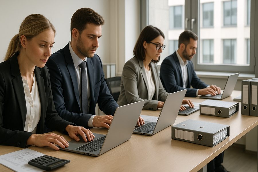 Moderne Büroumgebung mit Finance-Mitarbeitern an Laptops, die digitale Rechnungsprozesse bearbeiten, strukturierte Akten auf sauberen Schreibtischen, professionelle Atmosphäre mit natürlichem Tageslicht, Querformat