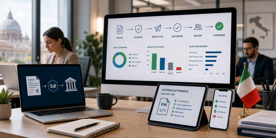 Moderne Büroumgebung mit Fachkräften, die konzentriert an Laptops arbeiten und strukturierte digitale Rechnungsdokumente auf Bildschirmen betrachten, professionelle Atmosphäre mit warmer natürlicher Beleuchtung, geordnete Arbeitsplätze und klare Prozessdarstellung