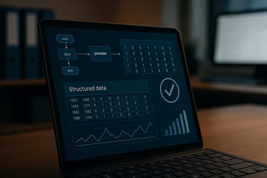 Nahaufnahme eines modernen Bildschirms mit strukturierten Daten und Workflow-Diagrammen zur Validierung von Rechnungsprozessen, im Hintergrund unscharfe Büroelemente wie Schreibtisch und Monitor, konzentrierte und lösungsorientierte Arbeitsatmosphäre mit warmem indirekten Licht