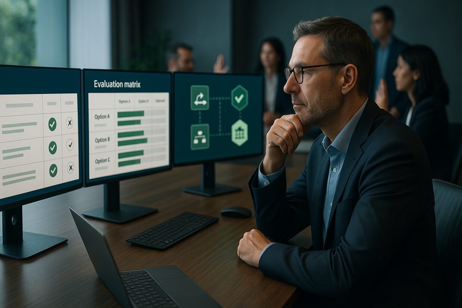 Entscheidungsmatrix und Vergleichstabelle für verschiedene E-Rechnungslösungsoptionen mit Bewertungsmetriken