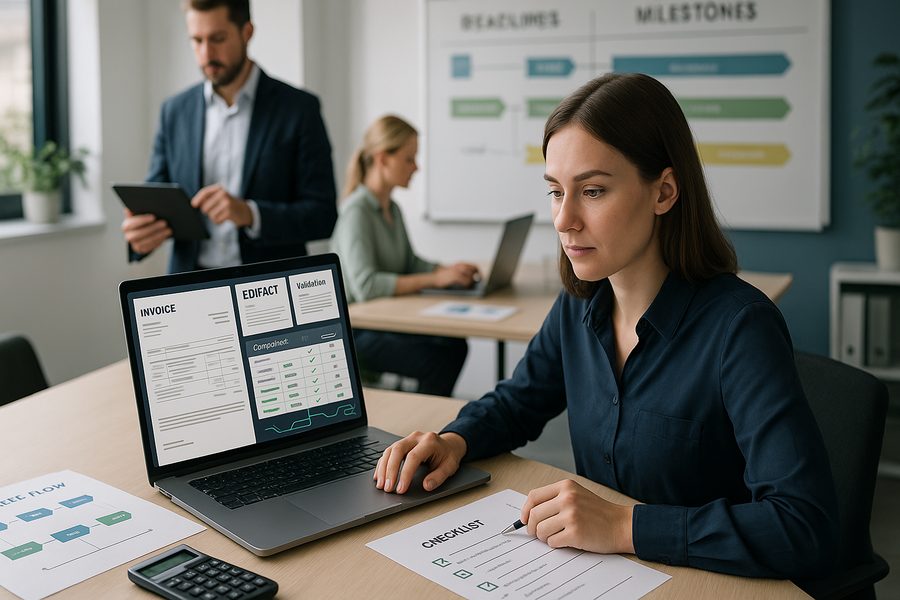 Finanzteam in modernem Büro arbeitet an der EDIFACT E-Rechnungsumstellung: Eine Person am Laptop prüft Rechnungsdaten und Mapping-Dokumente, Prozessfluss-Unterlagen und Integrationsdiagramme sind sichtbar, ein Projektmanagement-Board zeigt Fristen und Meilensteine, professionelle Atmosphäre.