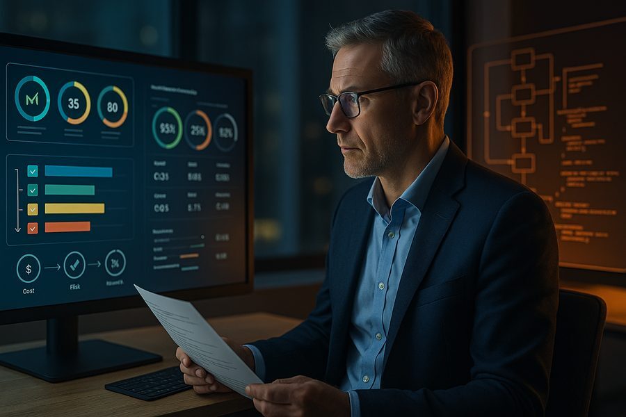 Finance-Professional vergleicht Drittanbieter-App vs. Eigenentwicklung an Entscheidungs-Dashboard mit Prozessflüssen und Bewertungsmatrix