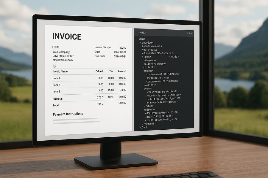 Nahaufnahme eines Computer-Monitors mit geöffneter elektronischer Rechnung im PDF-Format, die strukturierte XML-Daten enthält, auf modernem Schreibtisch mit Tastatur und Kaffeetasse in hellem Büro
