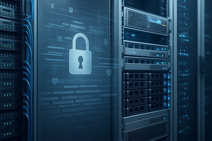 Detailaufnahme einer modernen IT-Infrastruktur mit Server-Racks und strukturierten Datenspeichern in professionellem Rechenzentrum