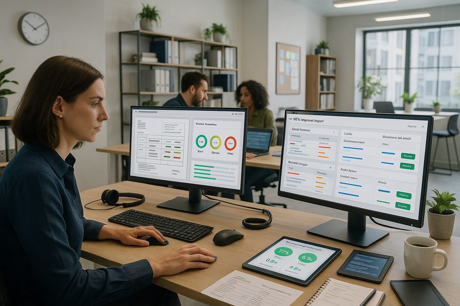 Mitarbeiterin arbeitet im Büro an zwei Monitoren mit Prozess- und KPI-Dashboards, auf dem Schreibtisch liegen Tablet, Smartphone und Unterlagen zur Auswertung.