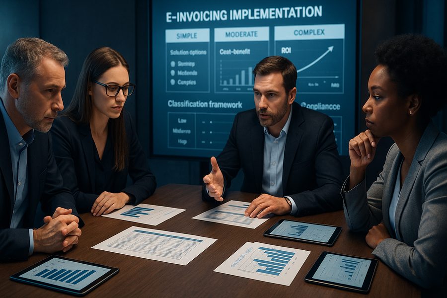 Finance-Team und IT-Verantwortliche diskutieren E-Rechnungs-Implementierungsszenarien an einem Konferenztisch mit Grafiken, Tabellen und Analysen. Großes Display zeigt Implementierungs-Pfade und Kosten-Nutzen-Szenarien, strategische Überlegung und Entscheidungsfindung im modernen Konferenzraum.