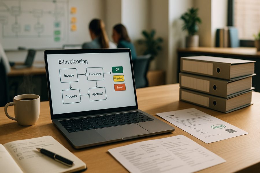 Detailaufnahme eines Schreibtischs mit Laptop, der ein Workflow-Diagramm für E-Rechnungsprozesse zeigt, daneben Dokumente mit Validierungsstempeln und strukturierte Ordner, professionelle Beleuchtung, moderne Büroausstattung