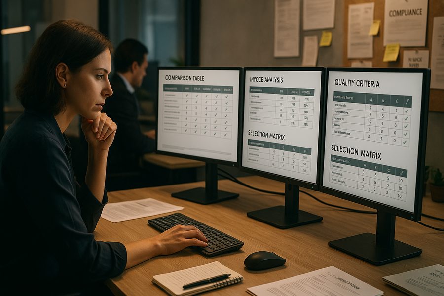 Arbeitsbereich mit mehreren Monitoren, auf denen Vergleichstabellen, Rechnungsdaten und Bewertungskriterien für E-Rechnungslösungen angezeigt werden
