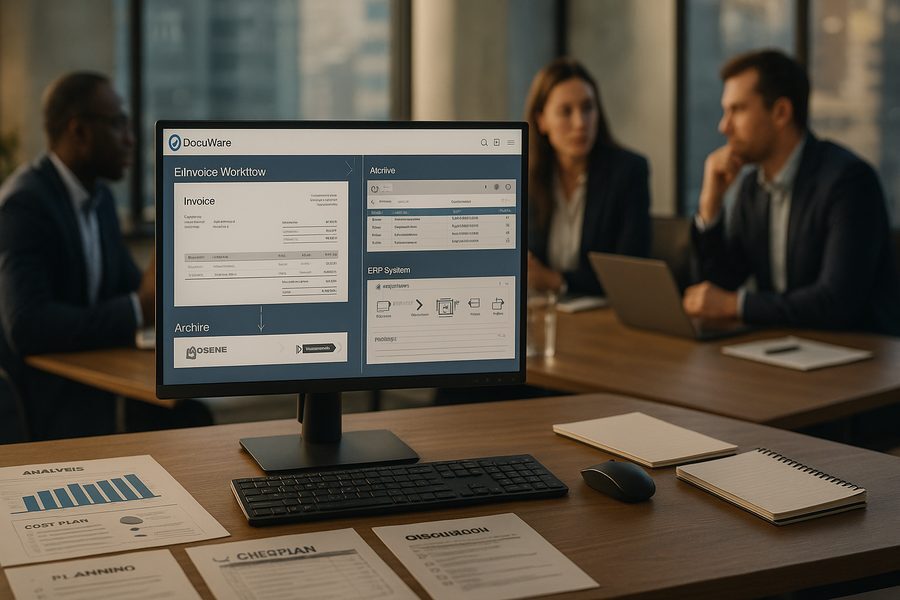 Geschäftsumgebung mit Rechnungsverarbeitung: Monitor zeigt DocuWare-Oberfläche mit E-Rechnungsformaten und digitale Dokumente in modernem Büro