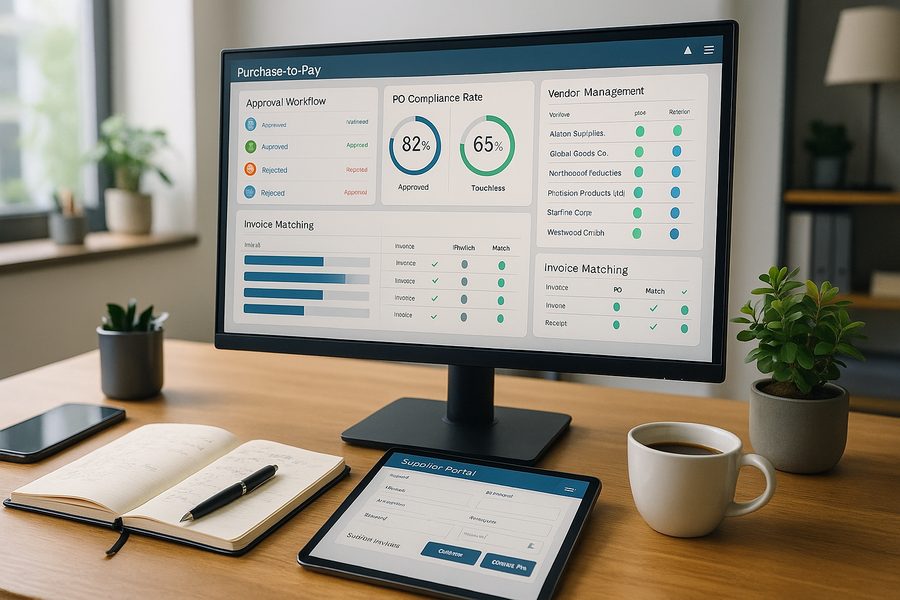 Detailansicht Büroarbeitsplatz mit Monitor der Purchase-to-Pay-Dashboard und Approval-Workflows zeigt, daneben Tablet mit Supplier-Portal, Notizblock, Kugelschreiber, Kaffeetasse und Grünpflanze, natürliches Seitenlicht durch Fenster, moderne professionelle Atmosphäre, Querformat