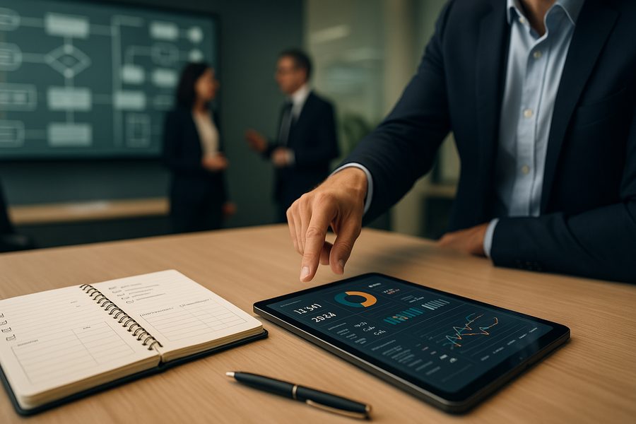 Analyse-Szene mit Checklisten, Tabellen, Diagrammen und ROI-Kalkulationen auf Schreibtisch, mehrere Business-Personen in Diskussion, warm-professionelle Lichtstimmung