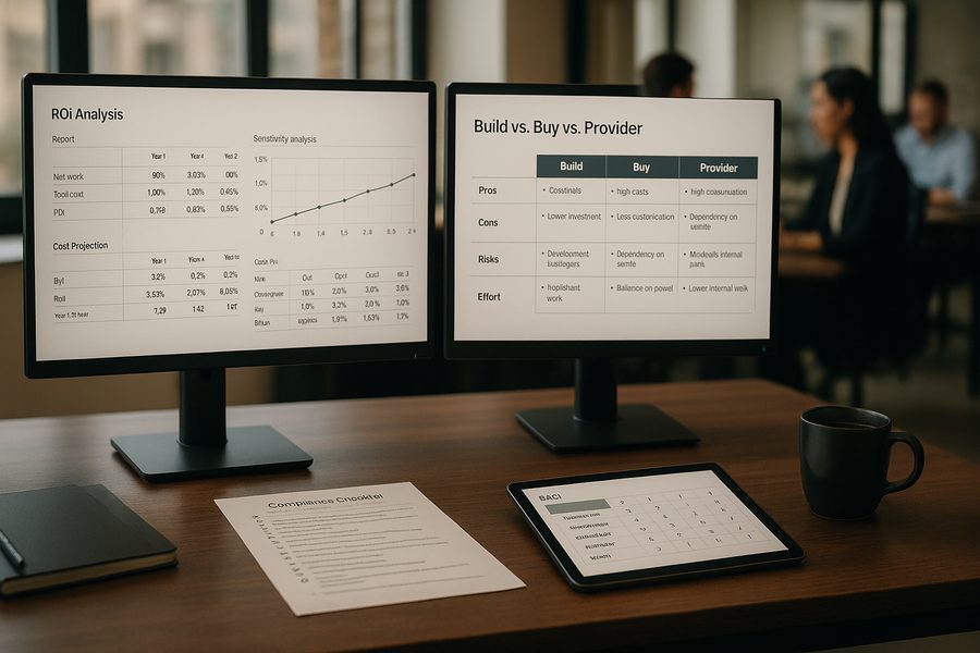 Detailansicht eines professionellen Arbeitsplatzes mit Finanzberichten, ROI-Berechnungen und Compliance-Checklisten auf zwei Monitoren, daneben Notizen zu Build-vs-Buy-Entscheidungen, moderne Büroumgebung mit natürlichem Licht