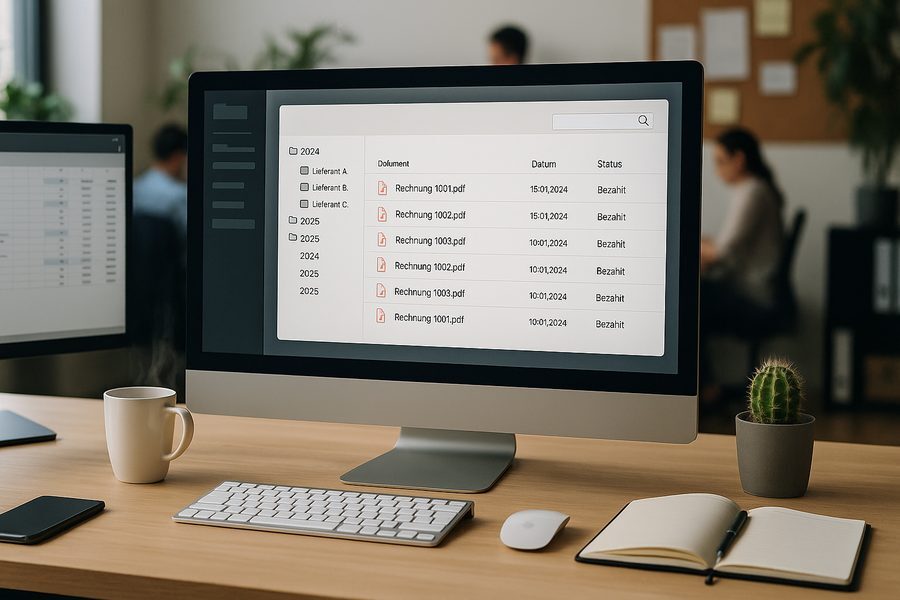 Nahaufnahme moderner Arbeitsplatz mit großem Monitor auf hellem Holzschreibtisch, Bildschirm zeigt DMS-Software-Oberfläche mit Ordnerstruktur Jahresordnern Lieferantennamen Dokumentenliste PDF-Icons Dateinamen Suchfeld Lupensymbol, Vordergrund kabellose Tastatur Computermaus Smartphone aufgeklapptes Notizbuch Stift weiße Kaffeetasse mit Dampf kleiner Kaktus grauer Keramiktopf, zweiter Monitor links angeschnitten mit Tabellenkalkulation, Hintergrund unscharf weitere Schreibtische arbeitende Personen Pinnwand Notizen Regal Ordner große Grünpflanze, sanftes Tageslicht von links großes Fenster gleichmäßige Ausleuchtung keine harten Schatten, gestaffelte Tiefe Vordergrund Schreibtisch Mittelgrund Monitor Hintergrund Büroraum, ruhig konzentriert professionell fotorealistisch modern effizient