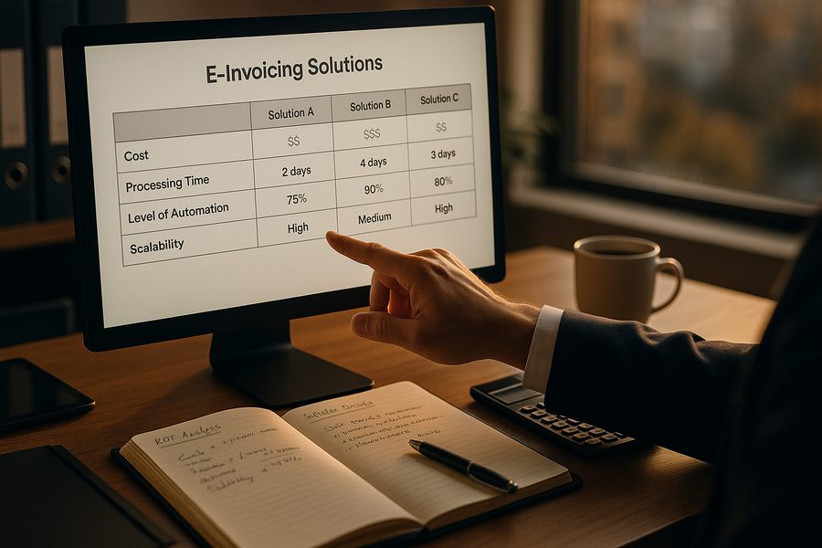 Digitales Interface mit E-Invoicing-Vergleichstabelle, Bewertungskennzahlen, ROI-Analysen und Auswahlkriterien, Detailaufnahme mit Business-Notizbuch und Handsignalen für Entscheidungsfindung