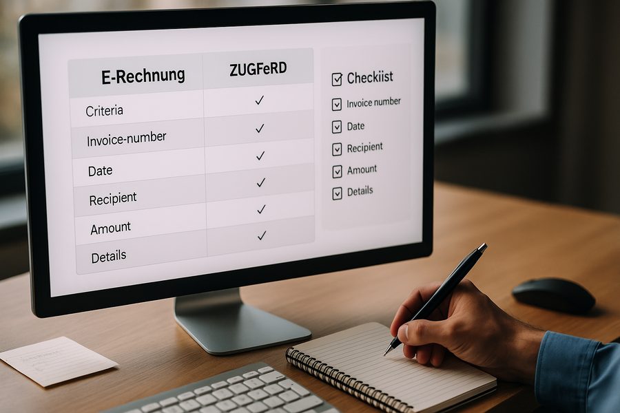Detailansicht eines Schreibtisches mit geöffnetem Tablet, auf dem eine digitale Rechnung im ZUGFeRD-Format sichtbar ist, daneben eine Kaffeetasse und Notizblock, warme Beleuchtung, professionelle Büroatmosphäre
