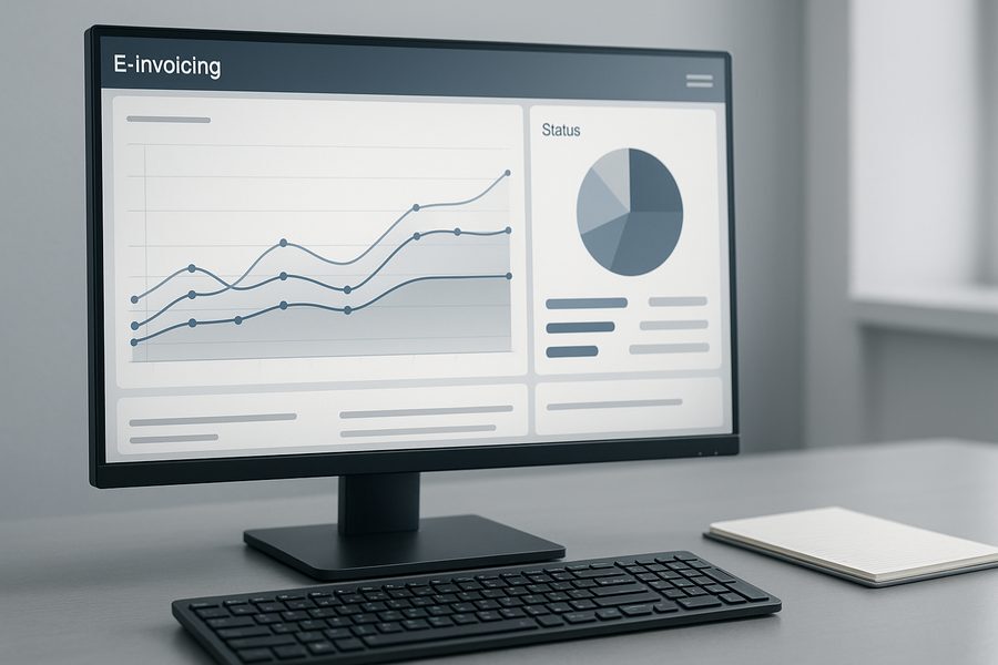 Detailansicht eines Bildschirms mit SAP Dashboard zur Überwachung von E-Rechnungsprozessen, grafische Darstellungen von Durchlaufzeiten und Status, Büroumgebung mit Tastatur und Notizblock, Querformat