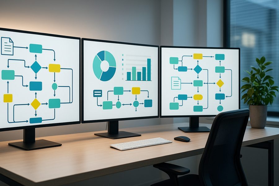 Modernes Büro mit mehreren Bildschirmen, Prozessdiagramme und Datenflüsse sichtbar, helle Arbeitsatmosphäre, Pflanzen im Raum, symbolisch für automatisierte Rechnungsverarbeitung