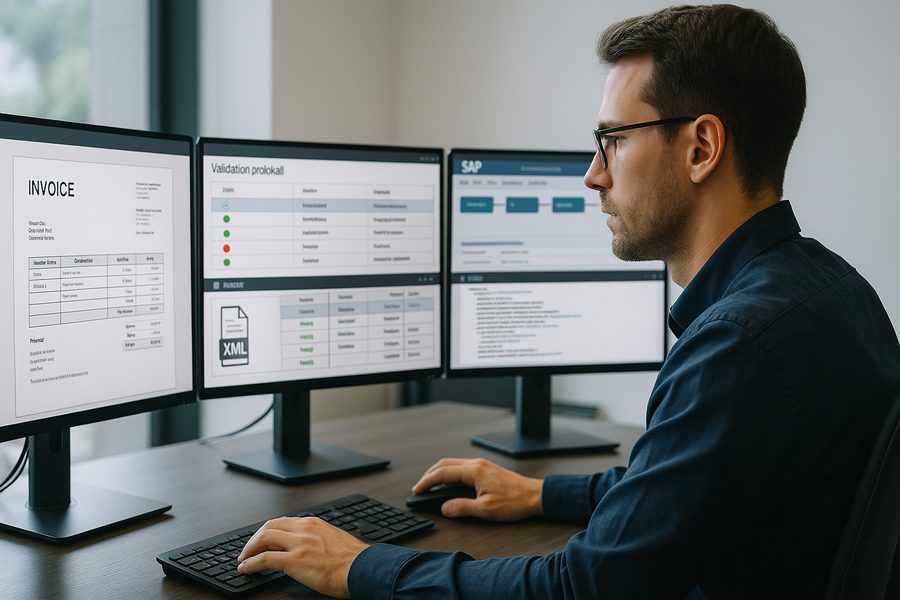 Professioneller Arbeitsplatz mit mehreren Bildschirmen zeigt SAP-Rechnungsworkflows, strukturierte Validierungsprotokolle und Dokumentenvergleich, konzentrierte Person bei Analyse, moderne Büroumgebung mit natürlichem Licht