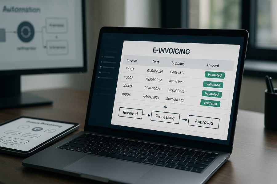Detailansicht eines modernen Arbeitsplatzes mit Laptop und Tablet, auf dem Bildschirm eine strukturierte Übersicht zur Rechnungsprüfung mit Checkboxen, Validierungsstatus und Ablehnungsgründen sichtbar, professionelle Büroumgebung mit natürlichem Licht, konzentrierte Arbeitsatmosphäre, realistische Darstellung digitaler Prüfprozesse im Rechnungswesen