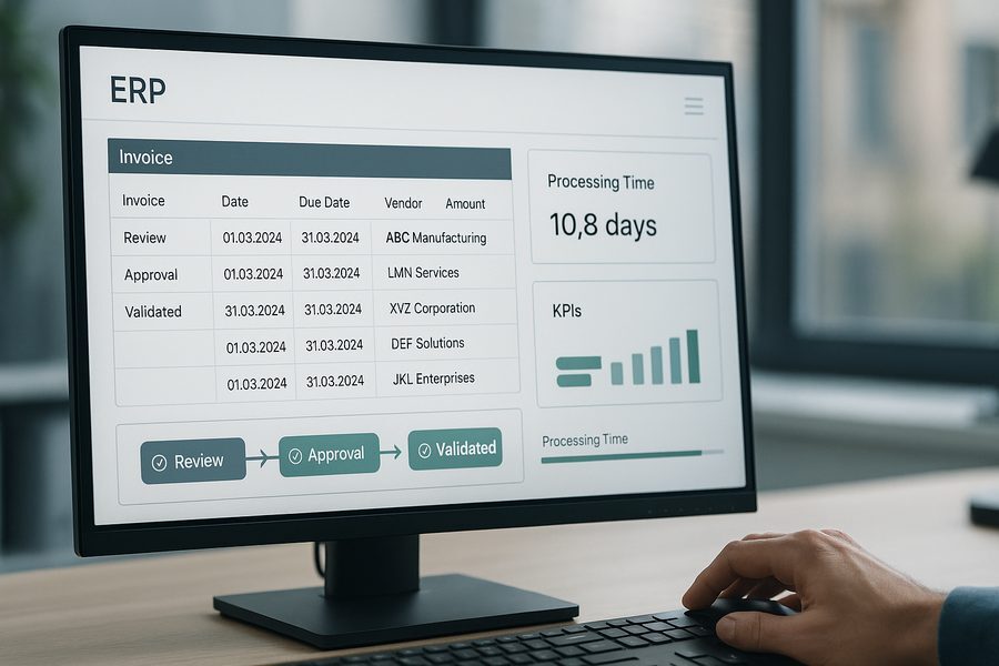 Detailaufnahme eines modernen ERP-Systems auf Bildschirm mit strukturierten Rechnungsdaten, Workflow-Visualisierung, Freigabeprozesse, natürliche Büroumgebung, professionelle Arbeitsatmosphäre, klare Datenstrukturen