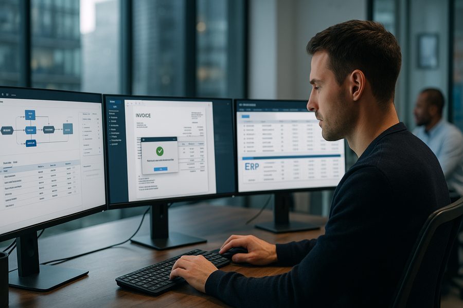 Moderne digitale Rechnungsverarbeitung mit automatisierter Workflow-Software auf mehreren Bildschirmen in einem hellen professionellen Arbeitsumfeld mit strukturierter Darstellung