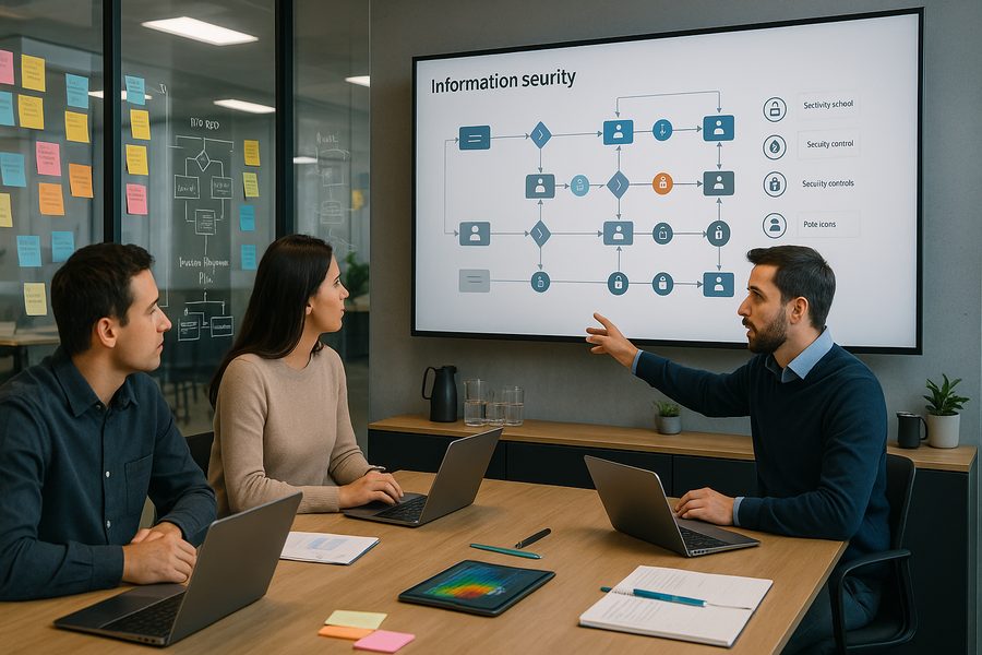 Teammeeting in modernem Konferenzraum mit Glaswänden, großer Monitor zeigt Prozessdiagramm mit Freigabeketten und Sicherheitskontrollen, drei Personen in Business-Casual-Kleidung im Gespräch, eine Person zeigt auf Bildschirm, Post-its mit Workflow-Skizzen an Glaswänden, auf Konferenztisch Laptops und Notizblöcke, professionelle Beleuchtung durch Deckenpanels, weiches Tageslicht von der Seite, Sideboard mit Wassergläsern und Kaffeekanne