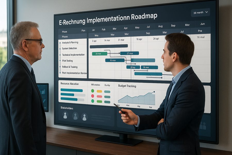 Rechnungsprozess-Dashboard zeigt automatisierte E-Rechnungs-Verarbeitung mit Datenfluss von Empfang über Validierung bis Archivierung in modernem System.