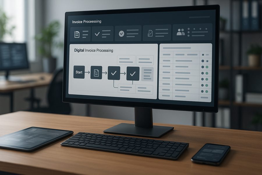 Detailansicht eines modernen Arbeitsplatzes mit großem Monitor, auf dem ein strukturiertes Dashboard zur Rechnungsverarbeitung angezeigt wird, Tablet und Smartphone mit digitalen Inhalten, helle aufgeräumte Büroumgebung mit technologischer Ausstattung, professionelle Atmosphäre für Prozessüberwachung und Datenqualität