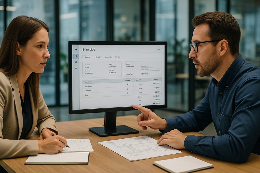 Zwei Finance-Professionals führen ein konstruktives Gespräch vor einem Computerbildschirm, der strukturierte E-Rechnungsdaten visualisiert, während Rechnungsdokumente auf dem Tisch liegen.