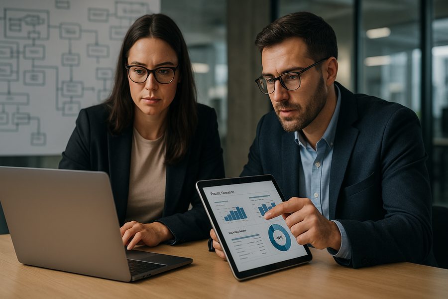 Zwei Fachleute arbeiten gemeinsam an Laptop und Tablet mit digitalen Rechnungsdaten in modernem Büro mit Diagrammen und Notizen