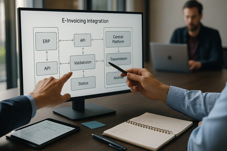 Nahaufnahme eines modernen Finanzteams, das gemeinsam Architekturoptionen für E-Invoicing-Integration diskutiert, Bildschirme mit Prozessdiagrammen, professionelle Arbeitsatmosphäre mit natürlicher Beleuchtung